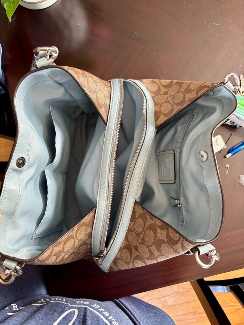 Coach Large Signature Canvas Shoulder Bag with Light Blue Trim - Picture 8 of 11